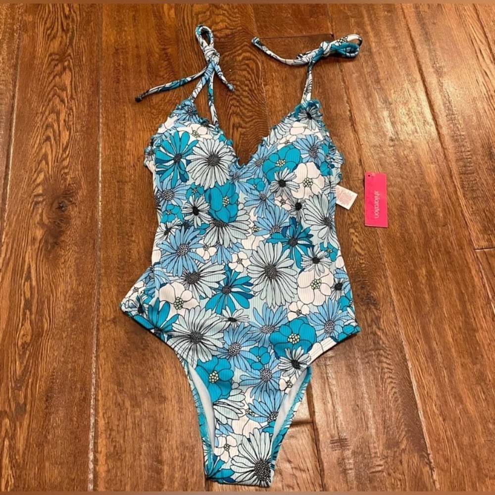 NWT Xhilaration Juniors One Piece Ribbed Ruffle Tie Shouler Swim Suit Size Jr. S - Picture 2 of 3